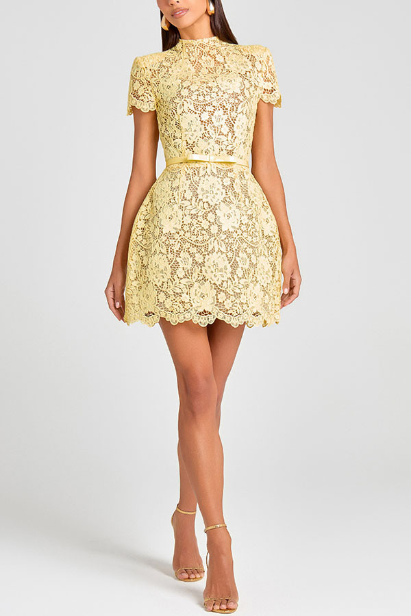 Champagne Toast Flower Lace Short Sleeve Bow Belted Mini Dress-consonak