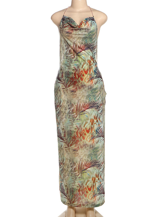 Floral Print Sexy Backless Slit See-Through Holiday Maxi Dress-consonak