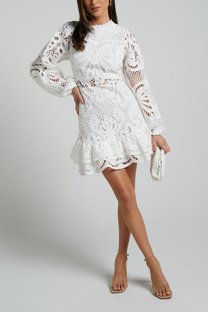 Solid Color Hollow Long-sleeved Waisted Lace Mini Dress-consonak