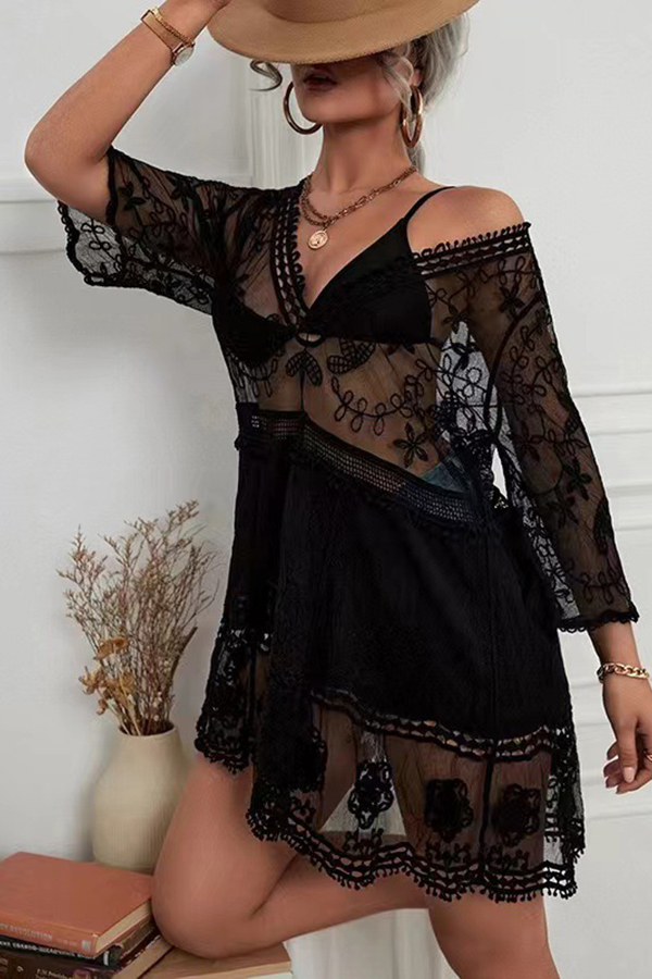 Lace V Neck Hollow Short Sleeved Cover Up-consonak