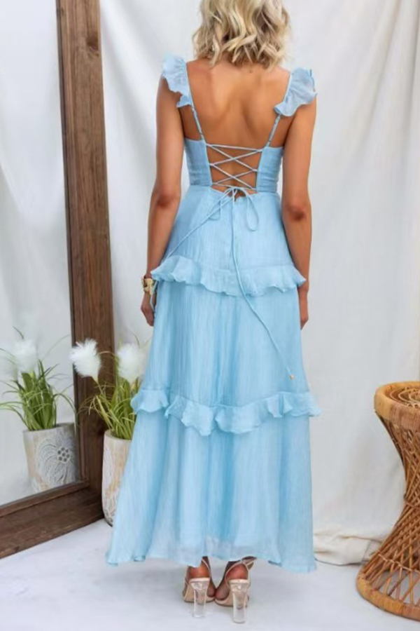 Solid Color Halter Backless Tie Elegant Ruffle Maxi Dress-consonak