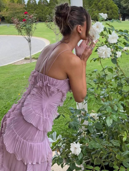 Dream Ode Lily Pad Style Pleats and Ruffles Halter Gown Maxi Dress-consonak