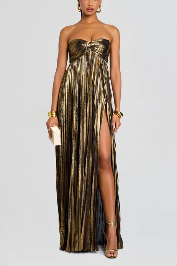 Metallic Sexy Tube Top Pleated High Slit Maxi Dress-consonak