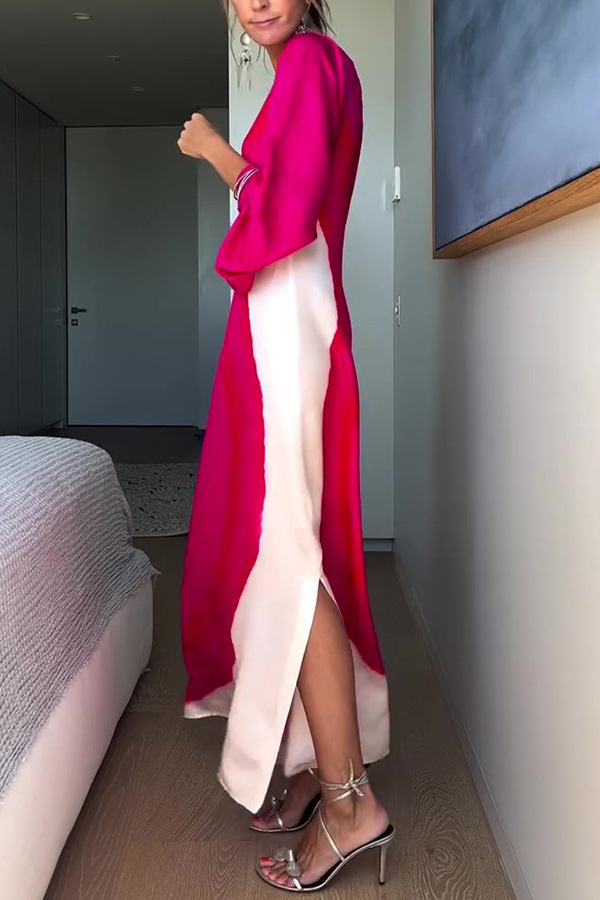 Ladies' fashionable and elegant contrasting printed single sleeve slit long skirt-consonak