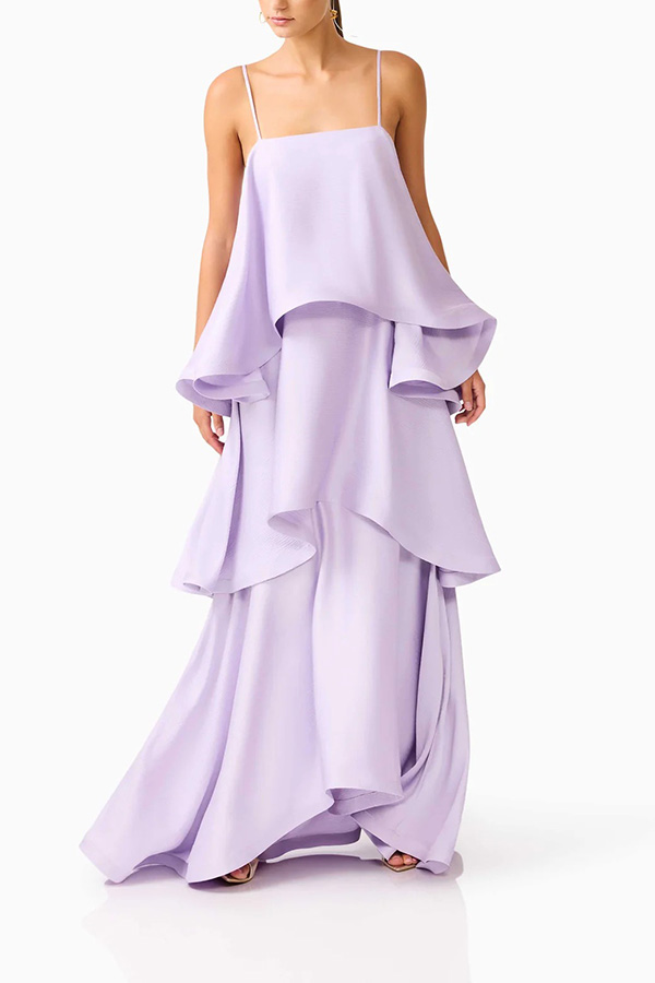 Soft and Smooth Satin Tiered Slip Square Neck A-line Maxi Dress