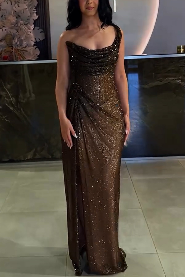 Glitzy Gala Glitter Fabric One Shoulder Ruched Slit Maxi Dress | Consonak
