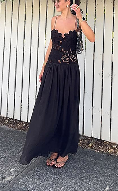 Stephanie Flower Crochet Lace Bust Chiffon Fluffy Hem Maxi Dress-consonak