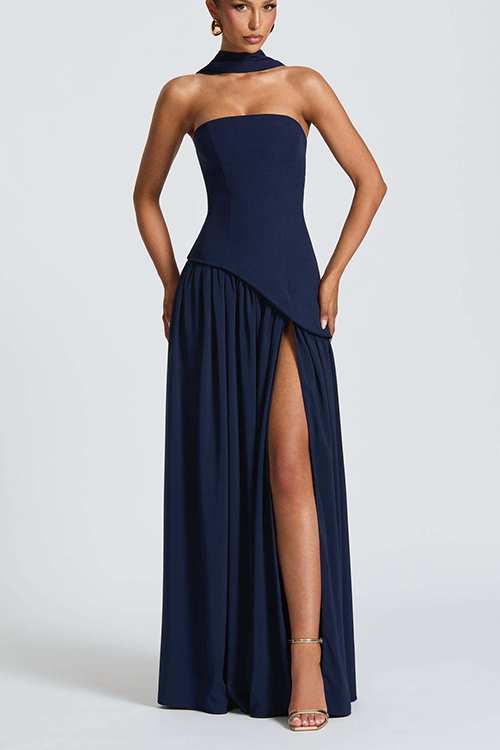 consonak Strapless Back Lace-up High Slit Splice Maxi Dress-consonak