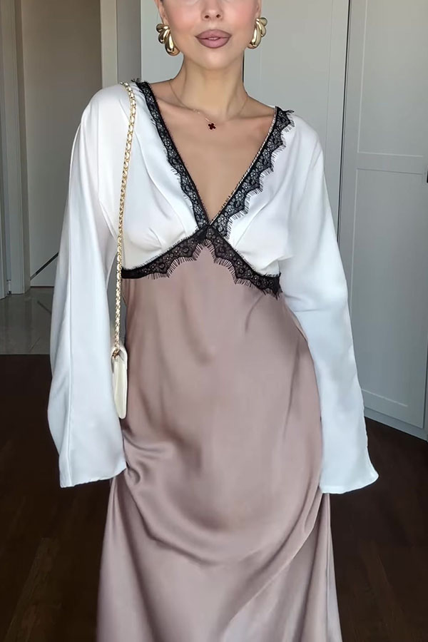 Lainei Contrast Color Satin Lace Trim V-neck Long Sleeve Maxi Dress-consonak