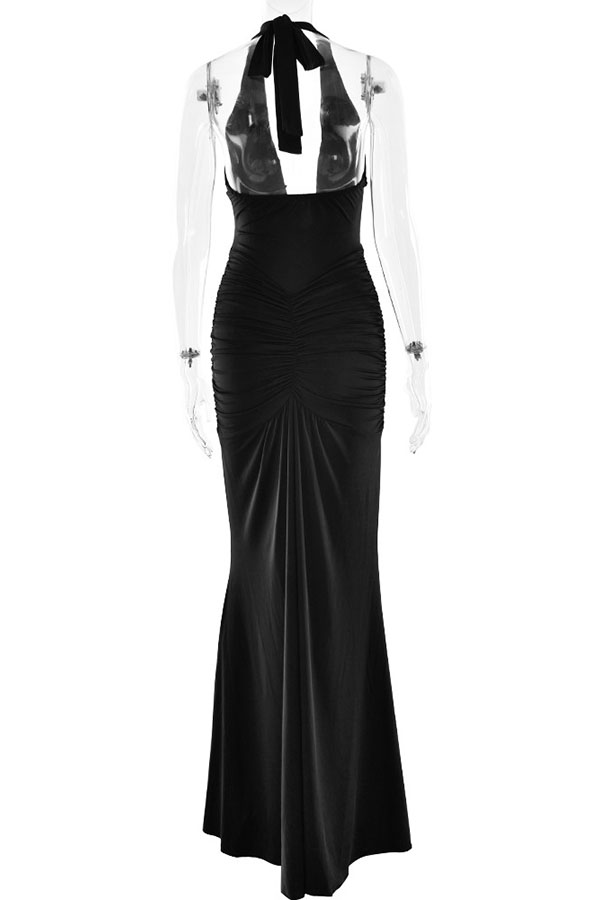 Solid Color Elegant Halterneck V-neck Open Back Tie Gathered Maxi Dress-consonak