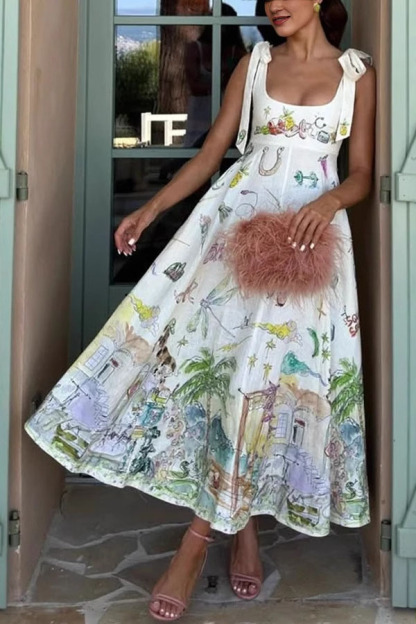 Euro Summer View Linen Blend Unique Print Tie-up Straps Pocket Midi Dress-consonak