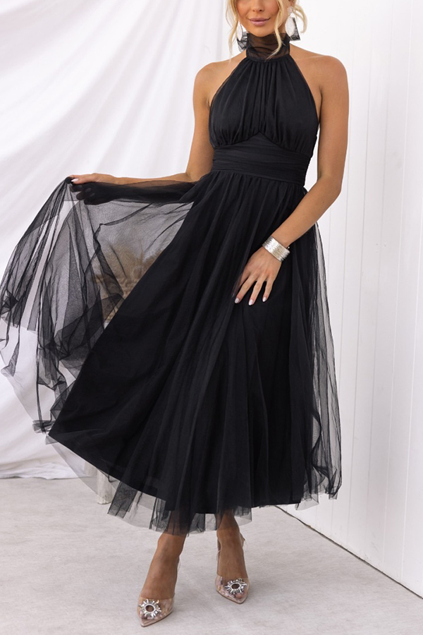 Fairy Vibes Tulle Gathered Detail Halter Maxi Dress-consonak