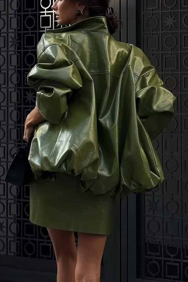 Solid Color Loose Long Sleeve Pocket Casual Leather Jacket-consonak