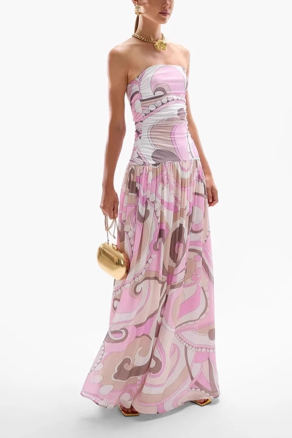 Gorgeous Pastels Unique Print Off Shoulder Low Rise Loose Maxi Dress-consonak