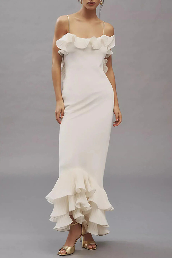 Alisin Pleated Chiffon Wavy Ruffles Trim Slip Maxi Dress-consonak