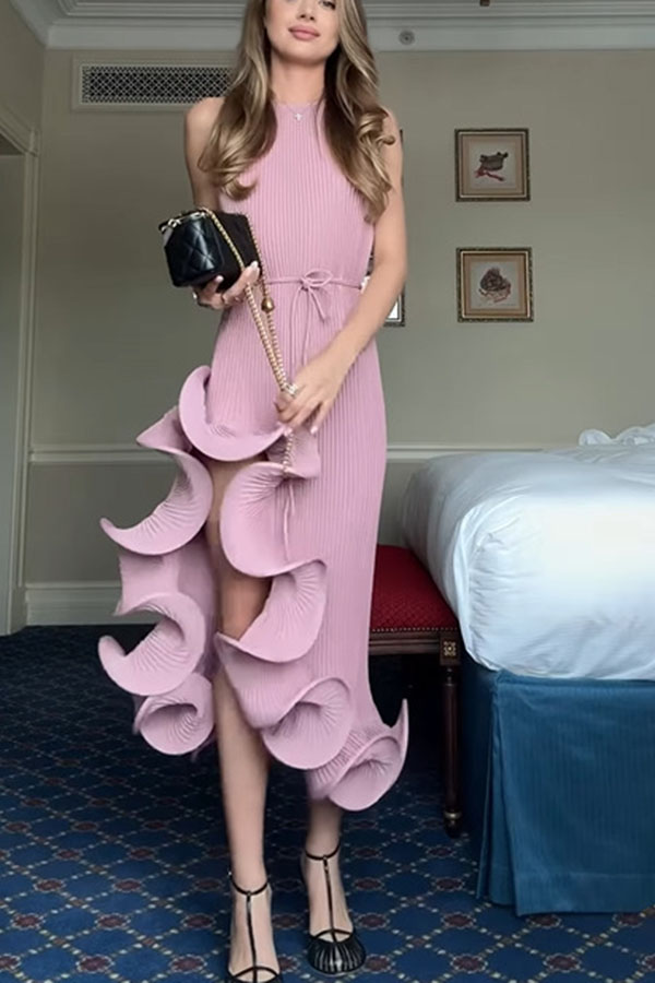 Solid Color Sleeveless Waist Tie Irregular Ruffle Slim Midi Dress | Consonak