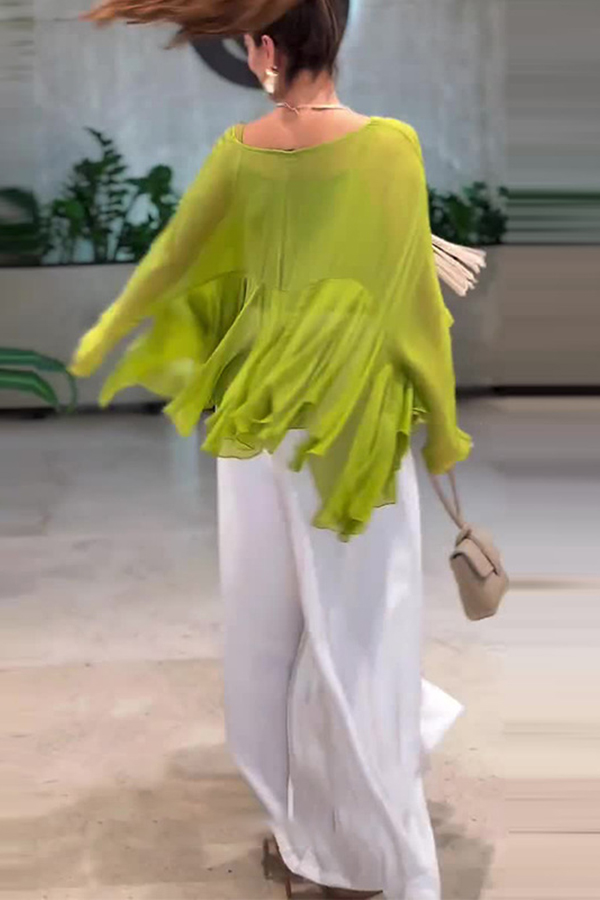 Romantic Journey Chiffon Ruffle Batwing Sleeve Top and Elastic Waist Pocket Loose Pants Set-Consonak