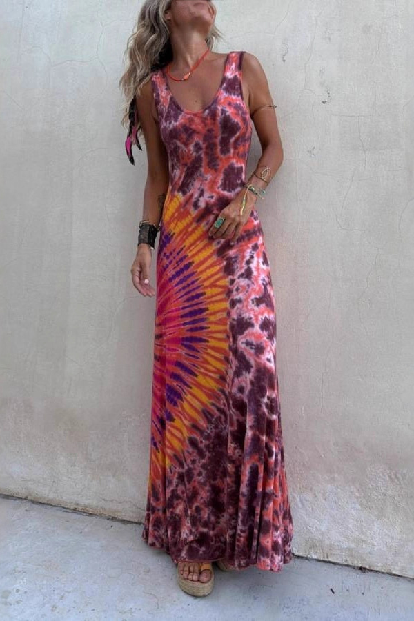 Boho Happiness Tie-dye Print Back Lace-up Stretch Maxi Dress-consonak