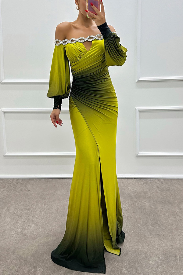 Julieta Gradient Print Boat Neck Off Shoulder Gem Detail Slit Gown Maxi Dress | Consonak