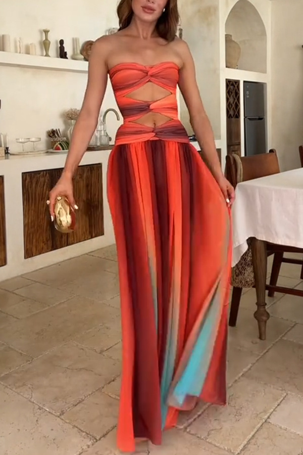 Ladies' Sunset Sexy strapless Fashion Tassel Printed Twisted Hollow Off Shoulder Vacation Long Dress-Consonak