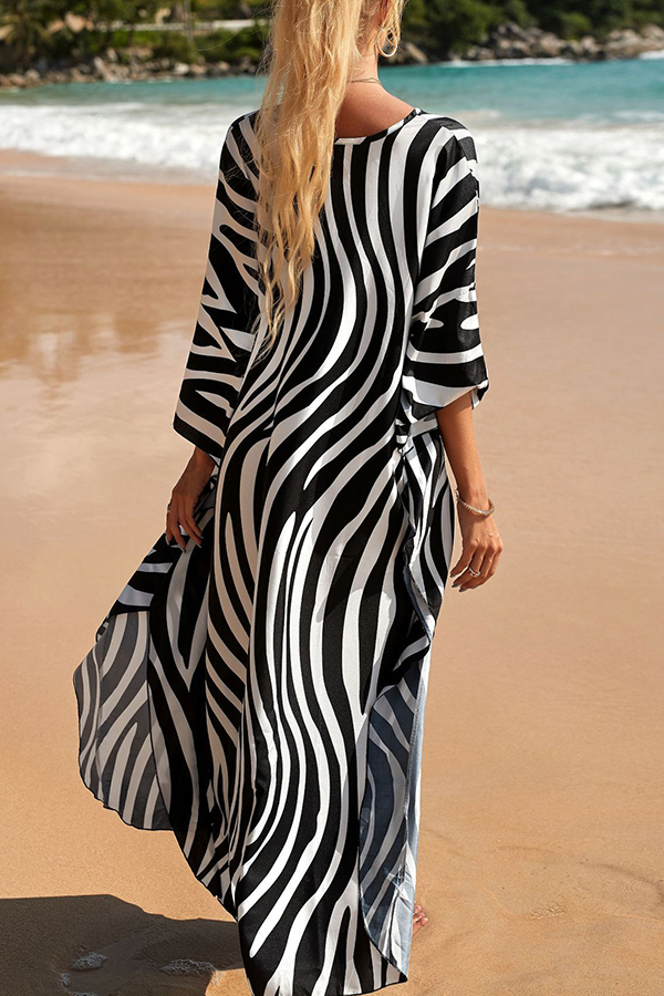 Simple Unique Printed Pleated Front Slit Cover Up-consonak