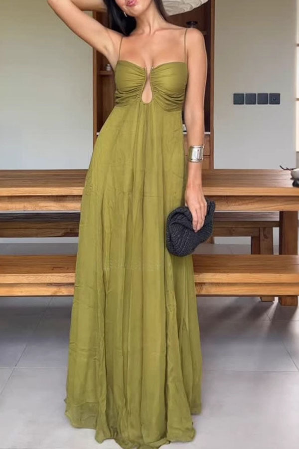 Soft and Elegant Metal Hollow Design Back Smocked A-line Slip Maxi Dress-consonak