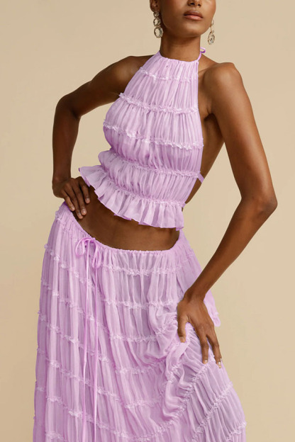 Versatility and Vintage Charm Pleated Drawstring Waist Tiered Maxi Skirt-consonak