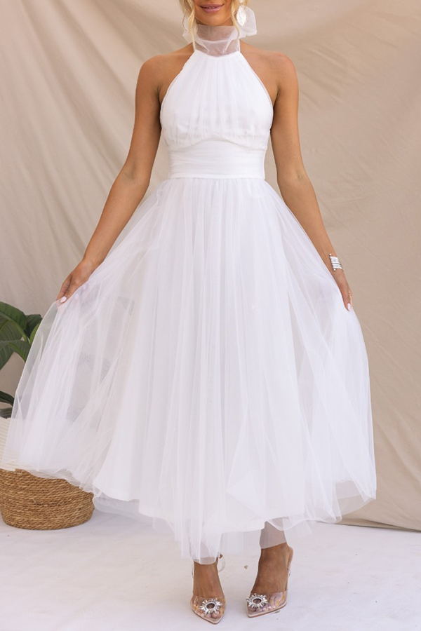 Fairy Vibes Tulle Gathered Detail Halter Maxi Dress-consonak