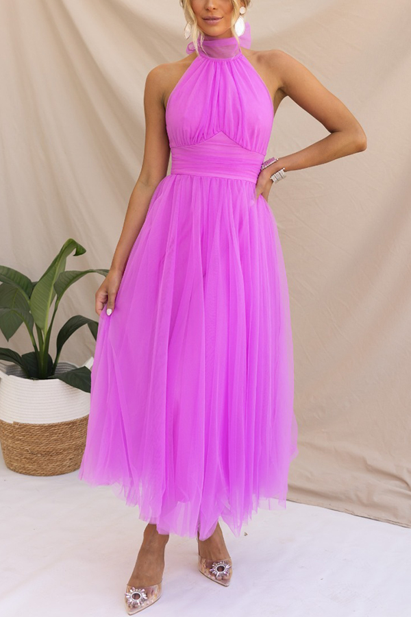 Fairy Vibes Tulle Gathered Detail Halter Maxi Dress-consonak