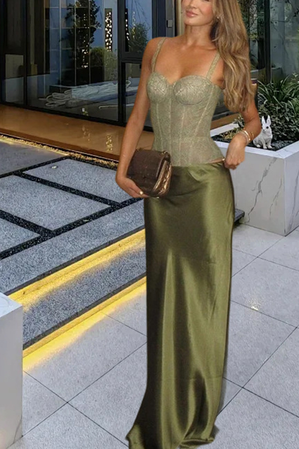 In A Fairytale Lace Satin Mid Rise Drape Maxi Skirt-consonak