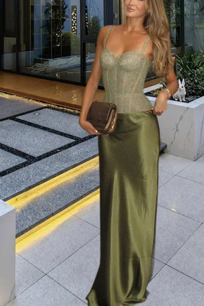 In A Fairytale Lace Satin Mid Rise Drape Maxi Skirt-consonak