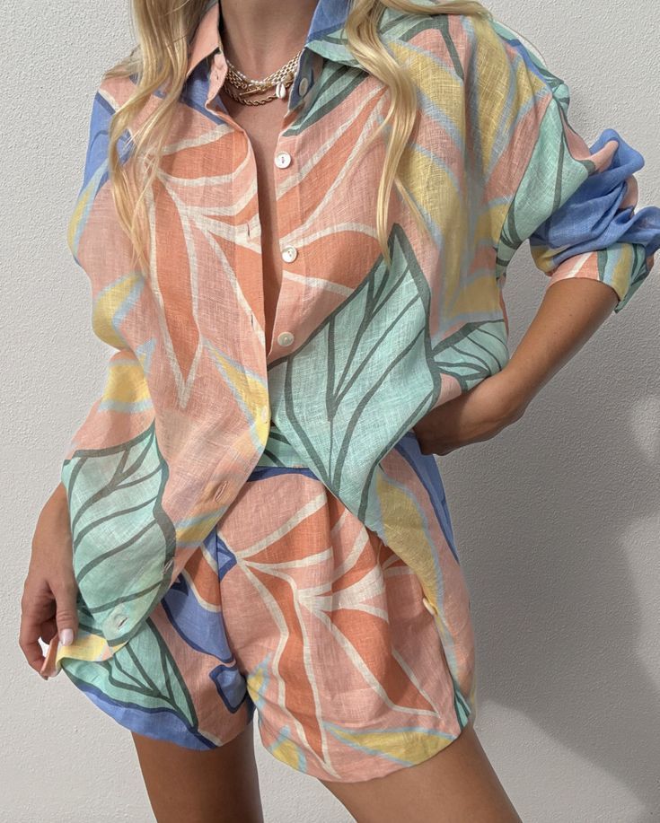 Bella Linen Blend Colorful Unique Print Long Sleeve Blouse and Elastic Waist Pocket Loose Shorts Set-consonak