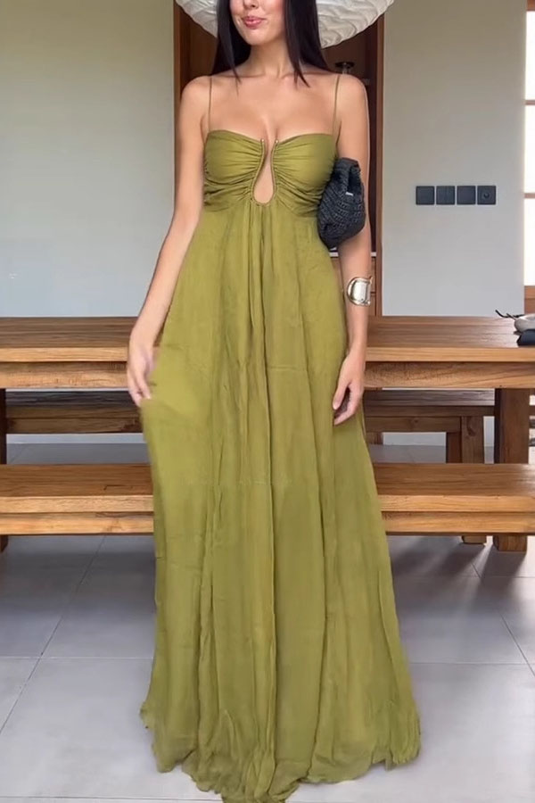 Soft and Elegant Metal Hollow Design Back Smocked A-line Slip Maxi Dress | Consonak