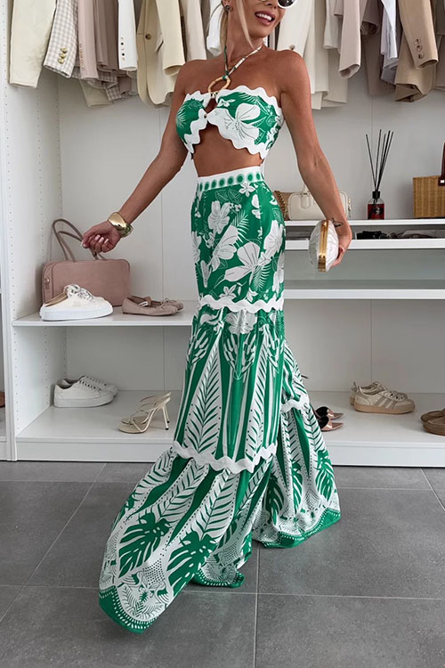 Cassie Ric Rac Trims Unique Print Halter Ring Tank and High Rise Wide Leg Pants Set-consonak