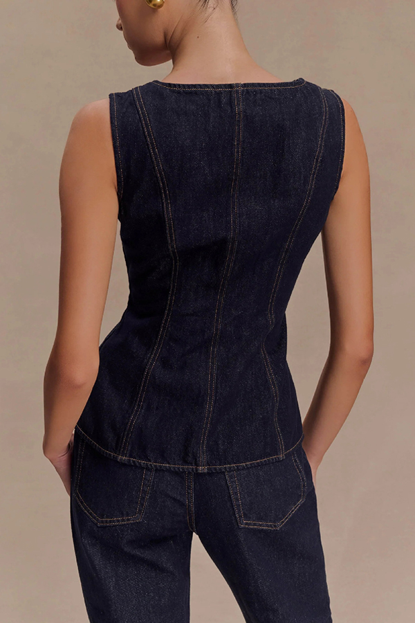 Stassi Denim Square Neck Unique Button Up Princess Seams Vest Top-consonak