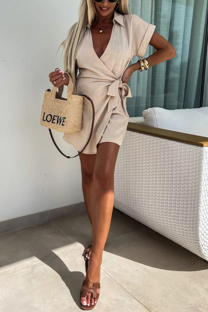 Women's new lace-up street lapel jumpsuit INS casual loose holiday jumpsuit-consonak