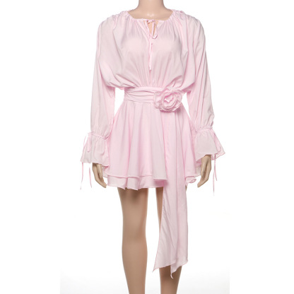 Solid Color Long Sleeve V-Neck Lace-Up Elegant Flower Decorated Mini Dress-consonak