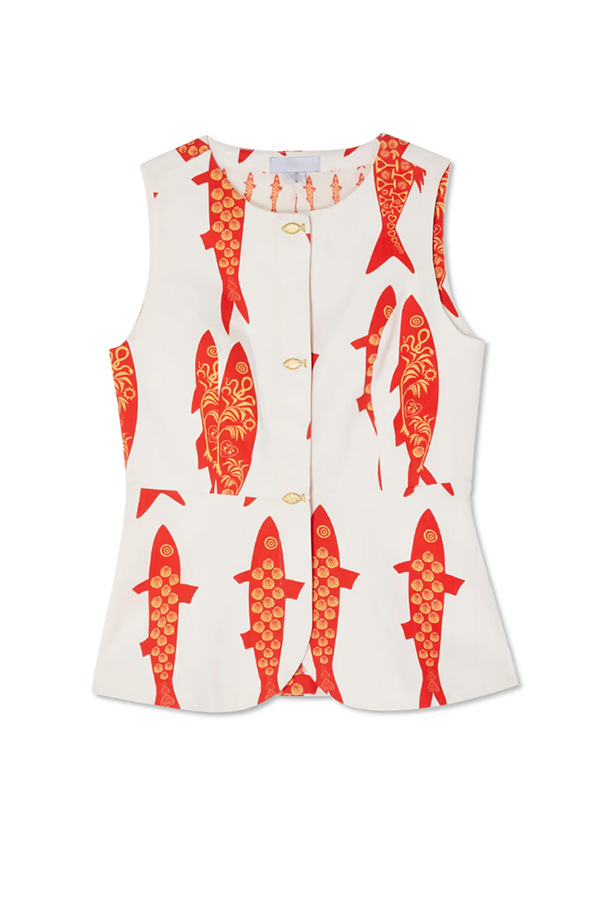 Good Luck Linen Blend Koi Pattern Metal Buttons Waisted Vest | Consonak