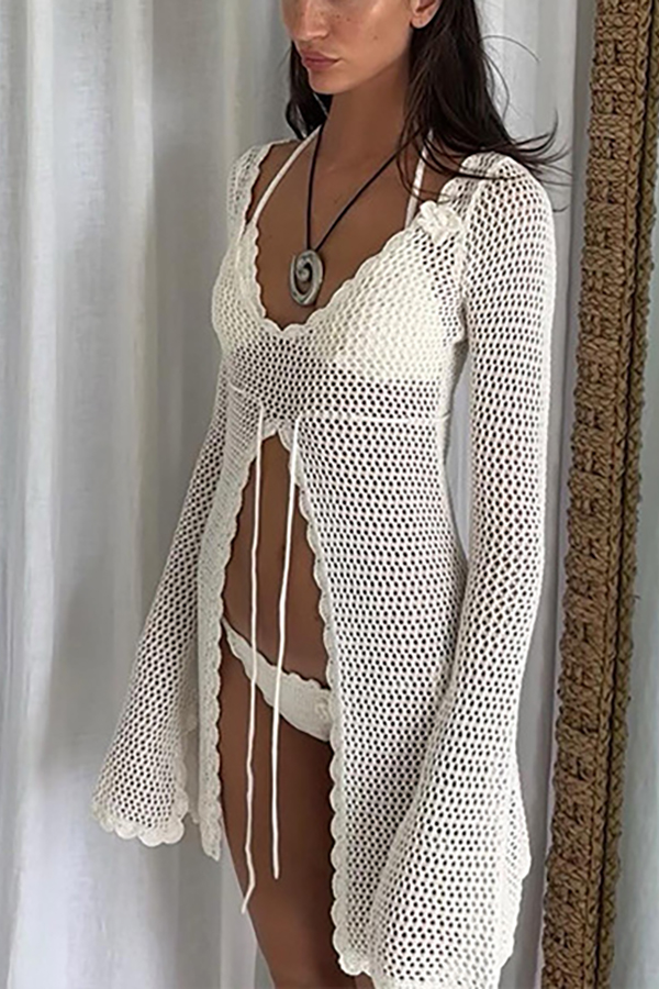 Elegant Knitted Cutout V Neck Lace Up Long Sleeves Cover Ups-consonak