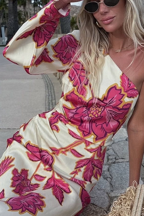 Rhia Satin Floral Print One Shoulder Flared Maxi Dress | Consonak