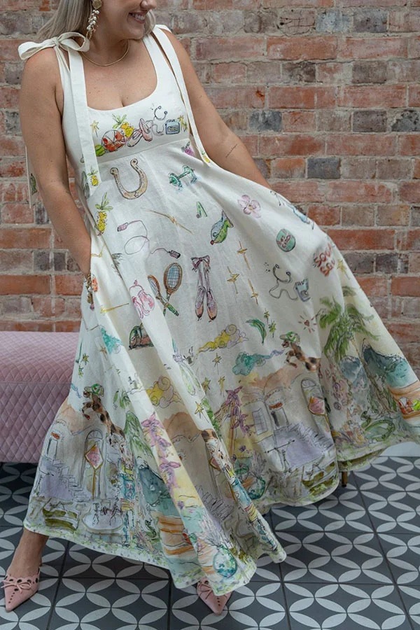 Euro Summer View Linen Blend Unique Print Tie-up Straps Pocket Midi Dress-consonak