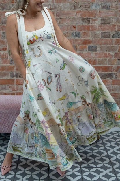 Euro Summer View Linen Blend Unique Print Tie-up Straps Pocket Midi Dress-consonak