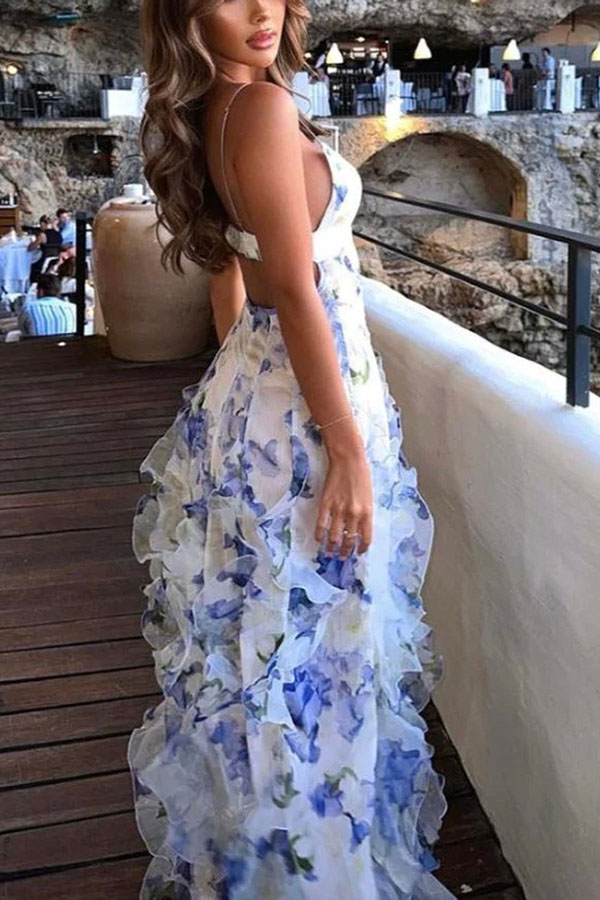 Millie | Floral Ruffle Long Skirt Women's Fashion Chiffon Printed Fairy Style Long Style Evening Dress Coupon-consonak