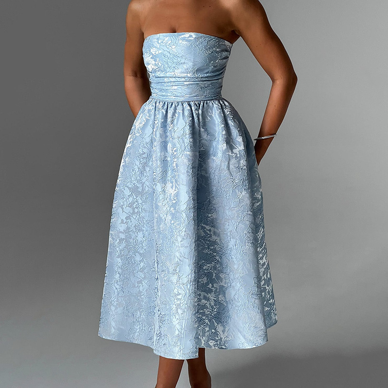 Jacquard Fabric Strapless Open Back Elegant Slim Midi Dress-consonak