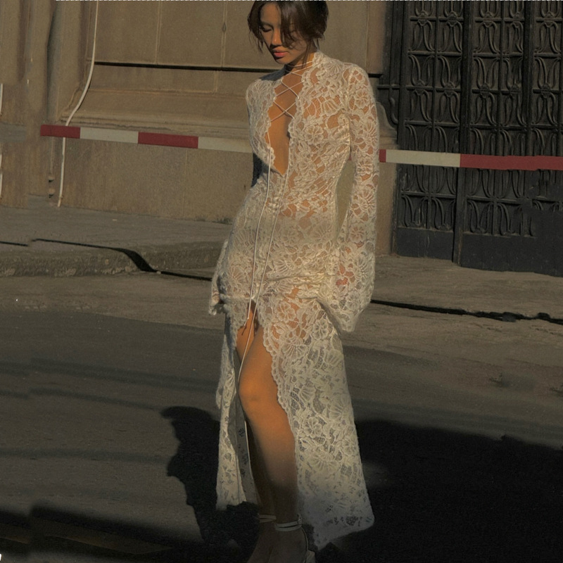 Garcelle Floral Lace Lace-up Long Bell Sleeve Slit Midi Dress-consonak