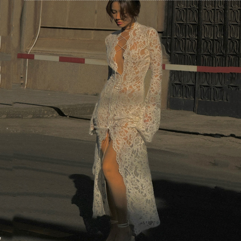 Garcelle Floral Lace Lace-up Long Bell Sleeve Slit Midi Dress-consonak