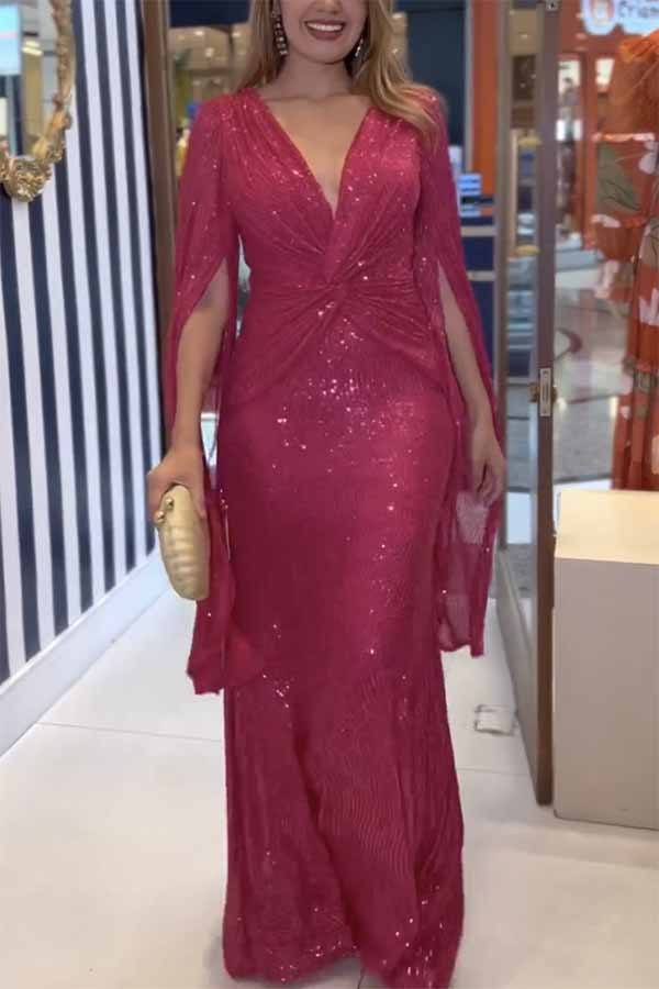 Shine Brighter Sequin Cape Sleeve Cross Waist Evening Maxi Dress-consonak