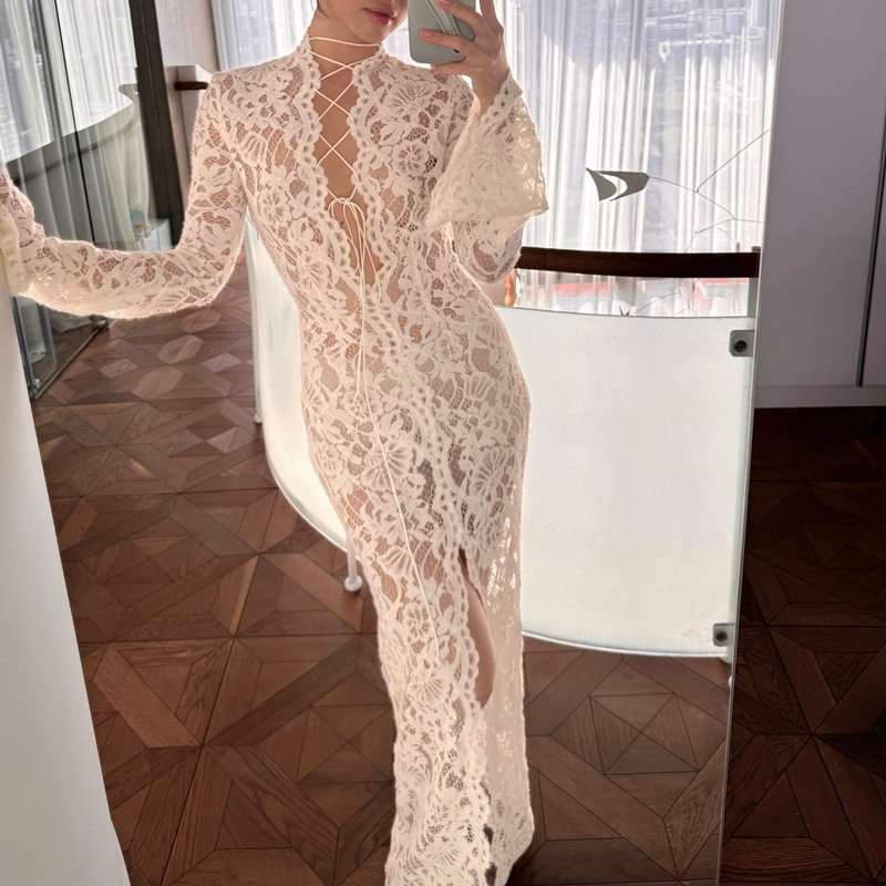 Garcelle Floral Lace Lace-up Long Bell Sleeve Slit Midi Dress-consonak