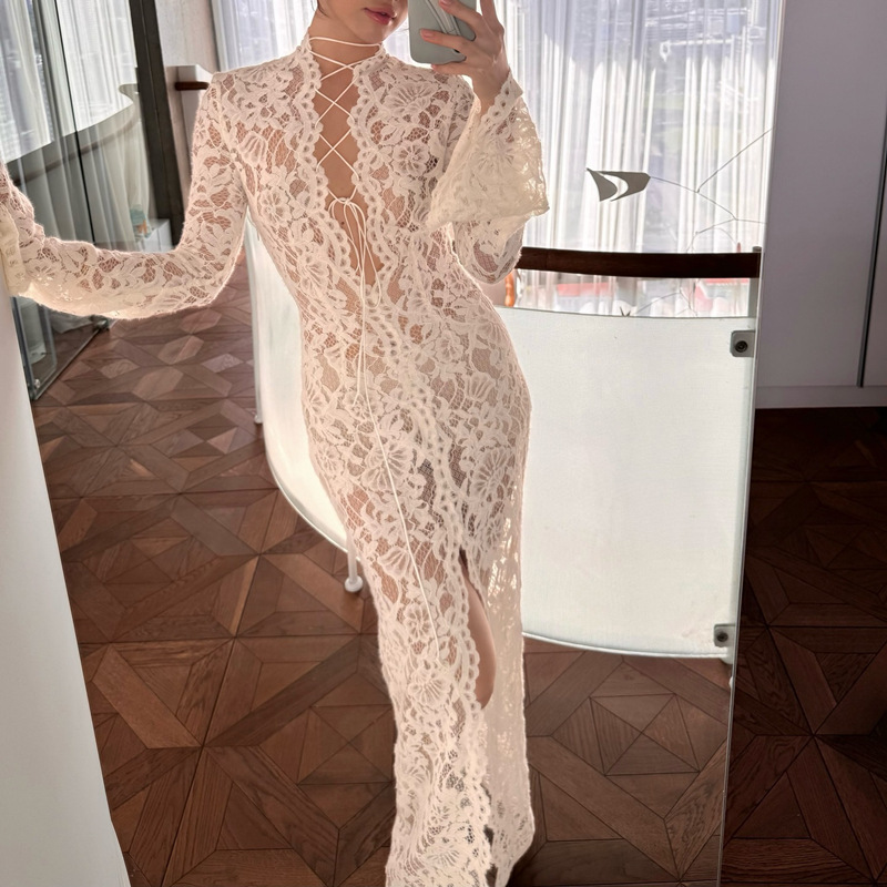 Garcelle Floral Lace Lace-up Long Bell Sleeve Slit Midi Dress-consonak