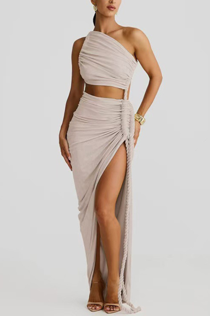 Juliana Rope Detail Ruched One Shoulder Cutout Stretch Maxi Dress-consonak